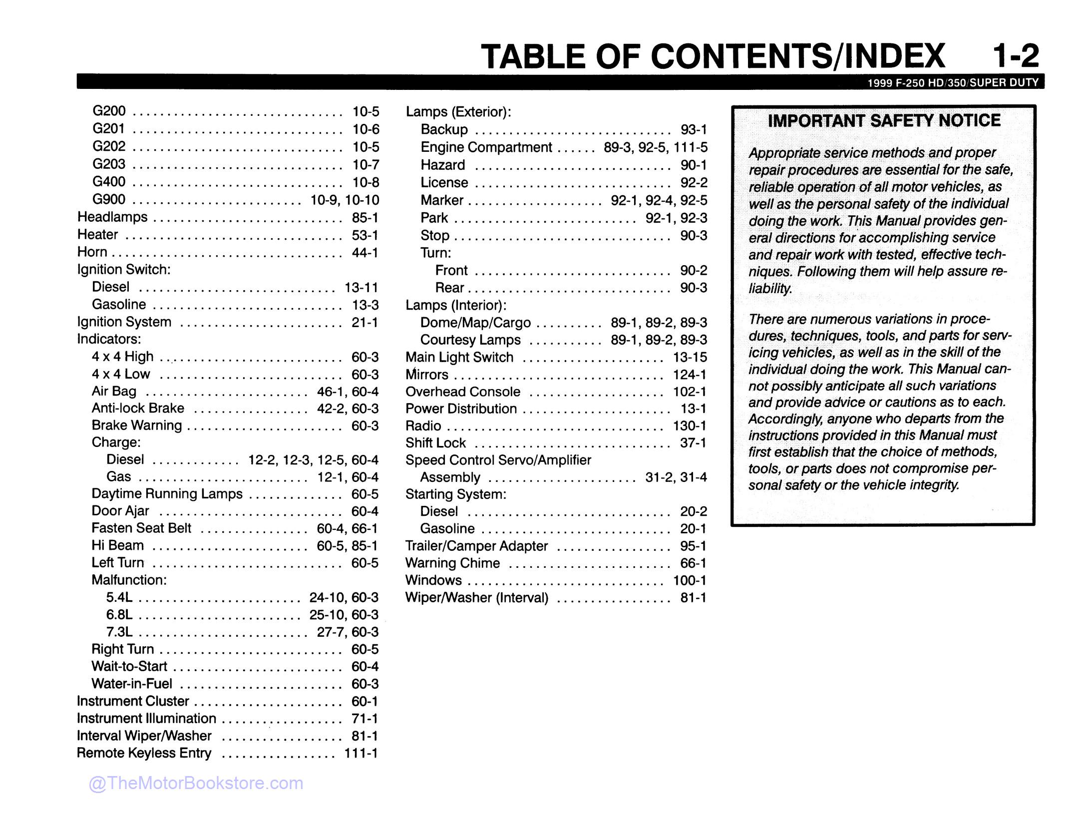 1999 Ford F-Super Duty 250, 350-550 Truck Wiring Diagrams  - Table of Contents 2