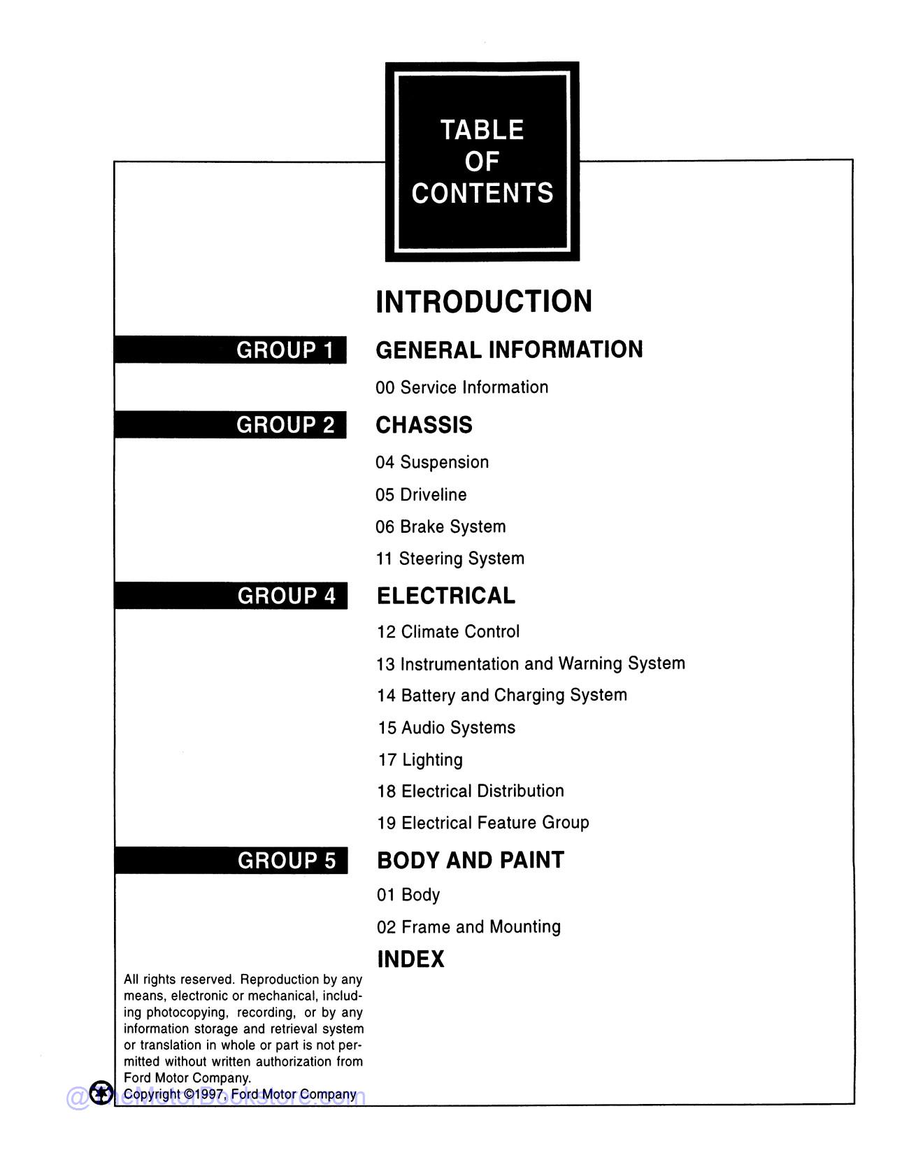 1999 Ford F-Super Duty 250, 350, 450, 550 Truck Shop Manual  - Table of Contents 1