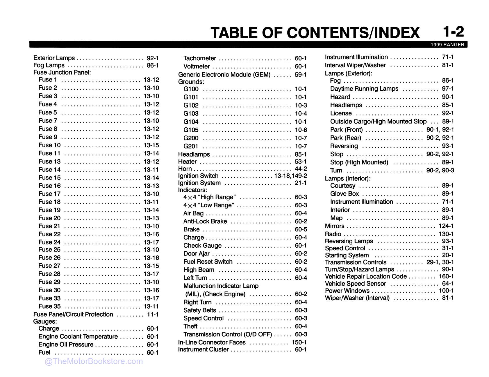 1999 Ford Ranger Wiring Diagrams  - Table of Contents 2