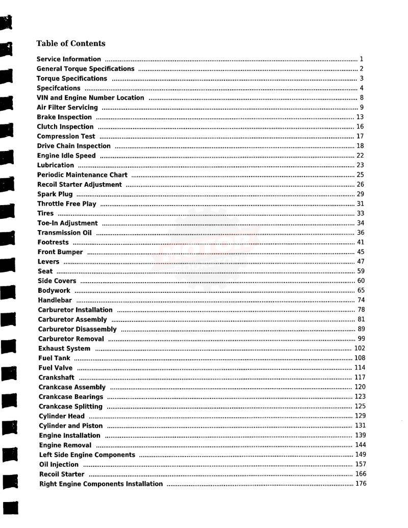 2000-05 Suzuki LT-A50 Quadmaster / 2003-06 Kawasaki KFX50 Service Manual - Table of Contents 1