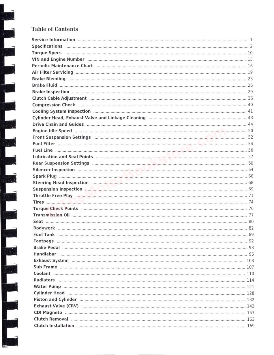 Honda CR250R Service Manual: 2000-2001 - Table of Contents Page 1