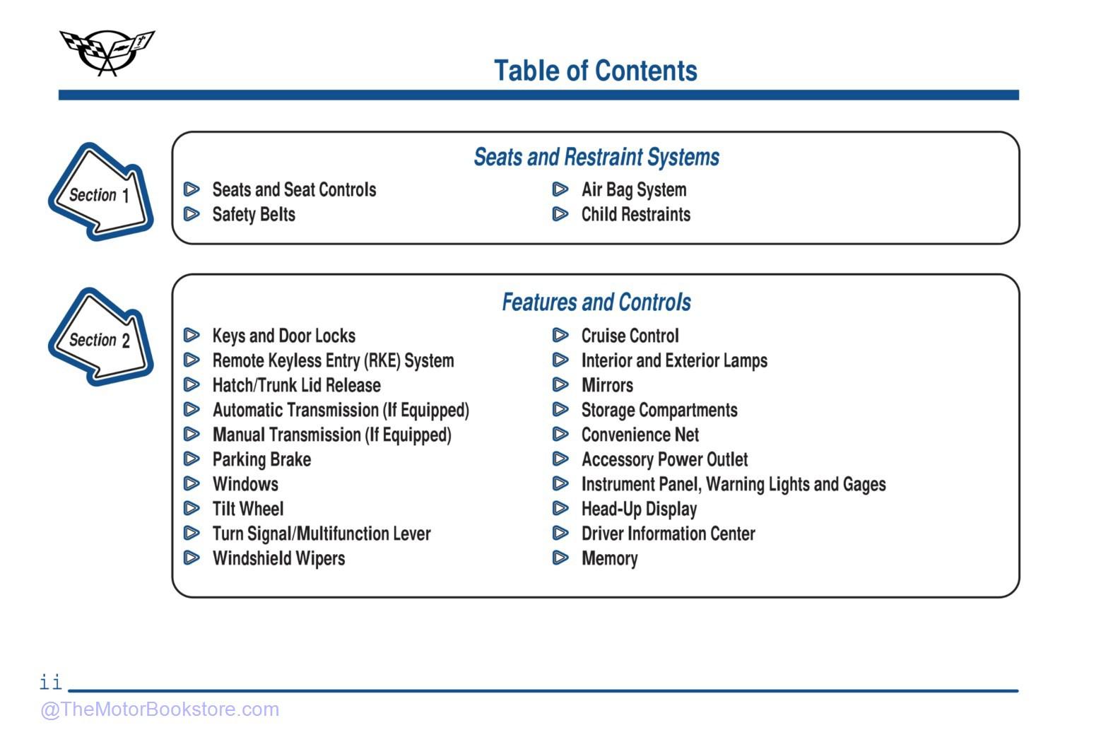 2000 Chevrolet Corvette Owner's Manual - Table of Contents 2000 Chevrolet Corvette Owner's Manual - Table of Contents