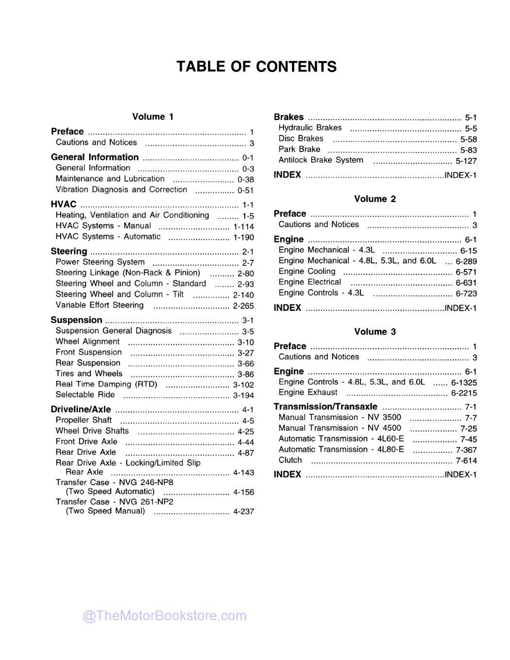 2000 Chevy Silverado / GMC Sierra Truck Service Manual - Tahoe, Yukon, Suburban  - Table of Contents 1