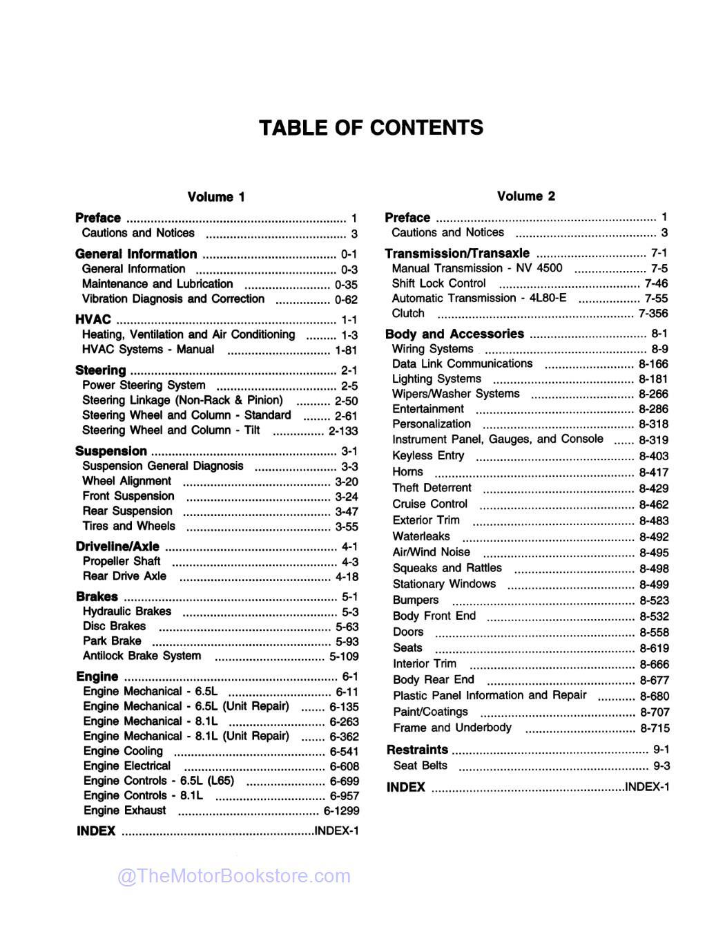 2001 Chevy  Silverado 3500 & GMC Sierra HD Pickup Truck Service Manual  - Table of Contents