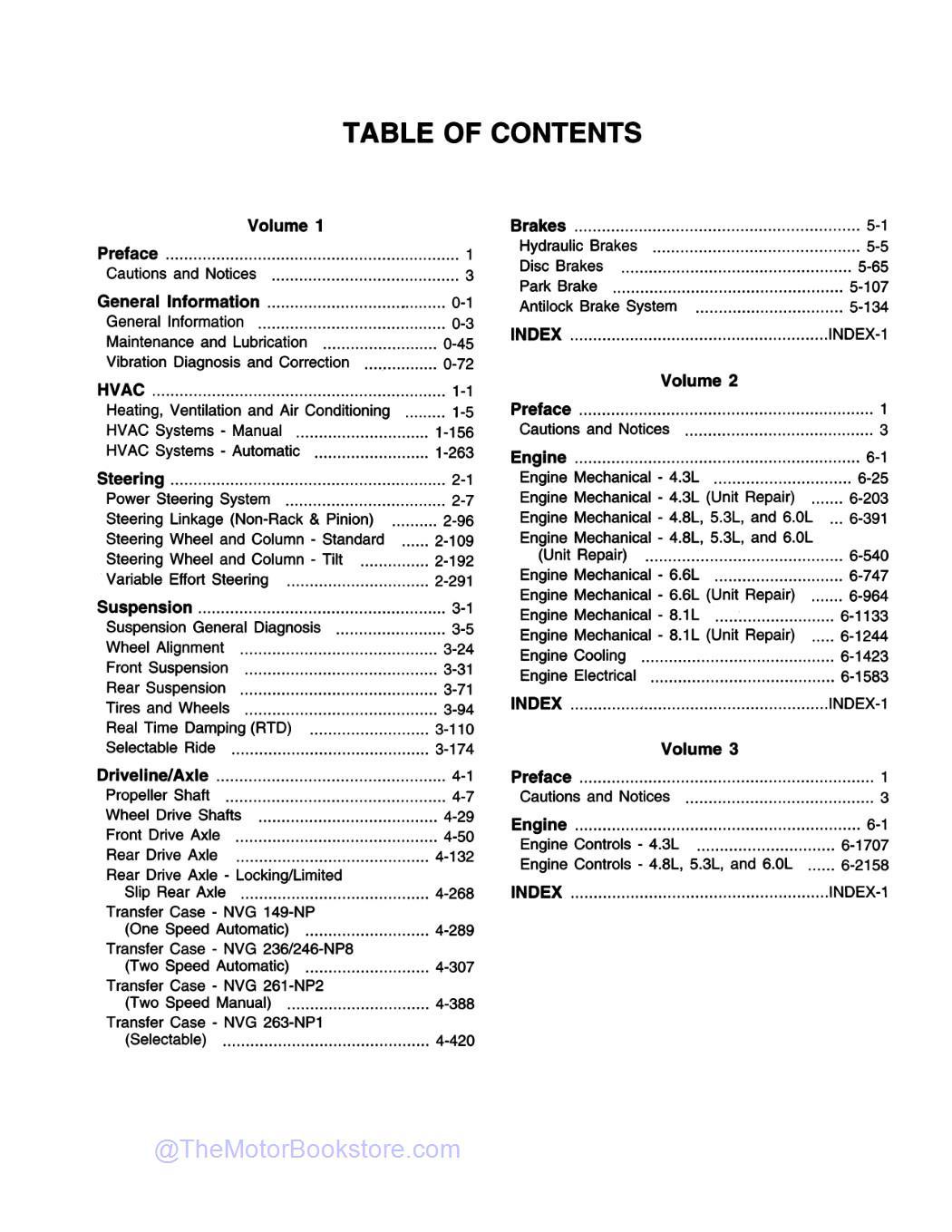 2001 Chevy Silverado & GMC Sierra Truck Service Manual - Tahoe, Yukon, Denali, Suburban  - Table of Contents 1