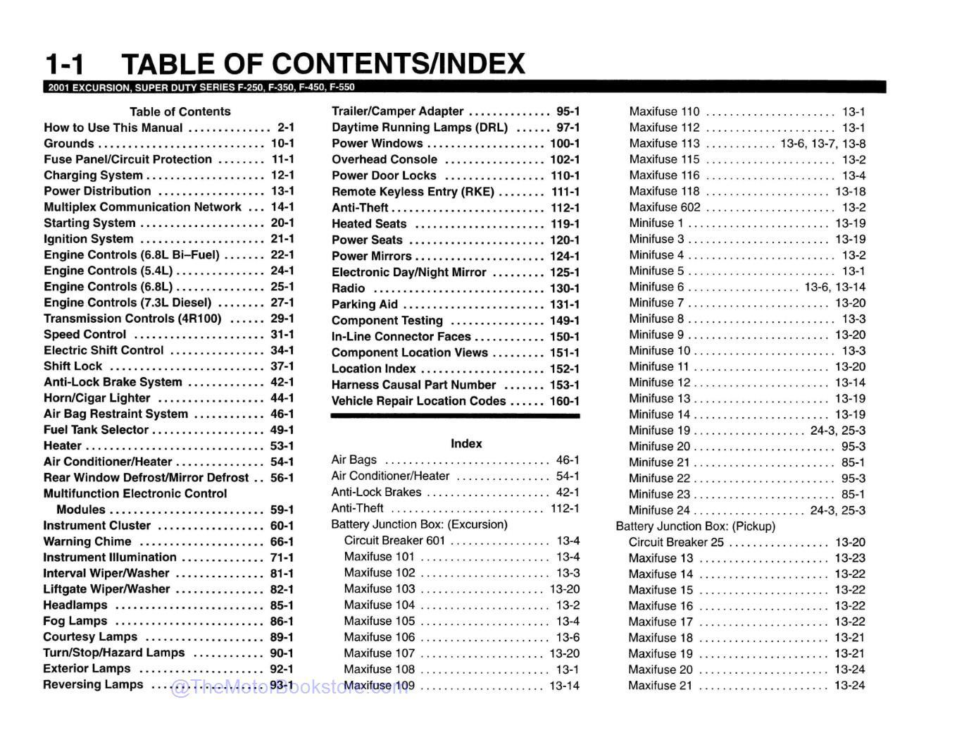 2001 Ford F-Super Duty 250, 350, 450, 550, & Excursion Wiring Diagrams  - Table of Contents