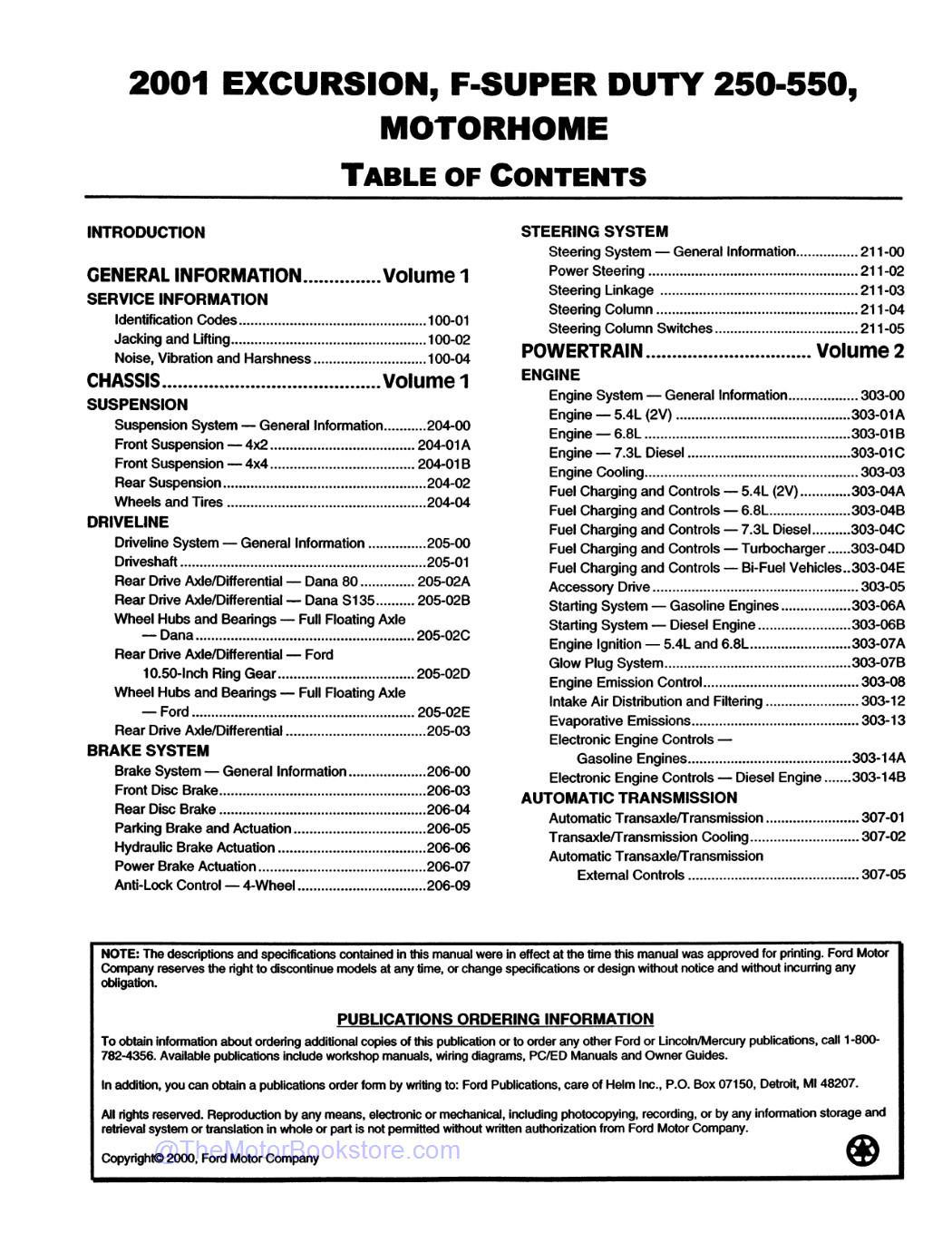 2001 Ford F-Super Duty 250, 350, 450, 550, Excursion Workshop Manual  - Table of Contents 1