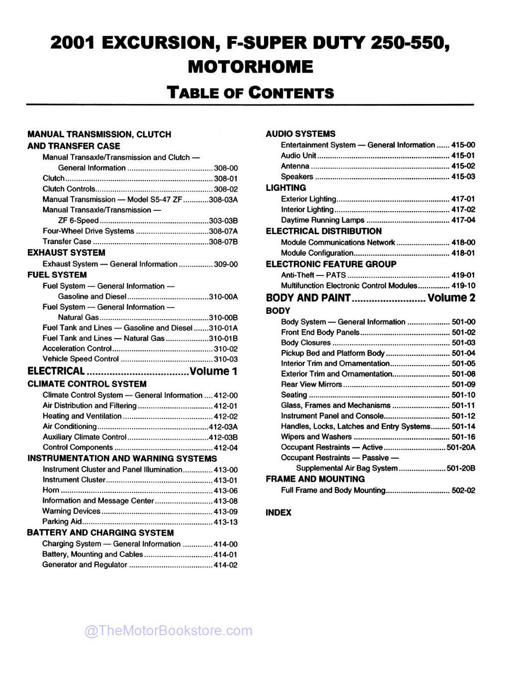 2001 Ford F-Super Duty 250, 350, 450, 550, Excursion Workshop Manual  - Table of Contents 2