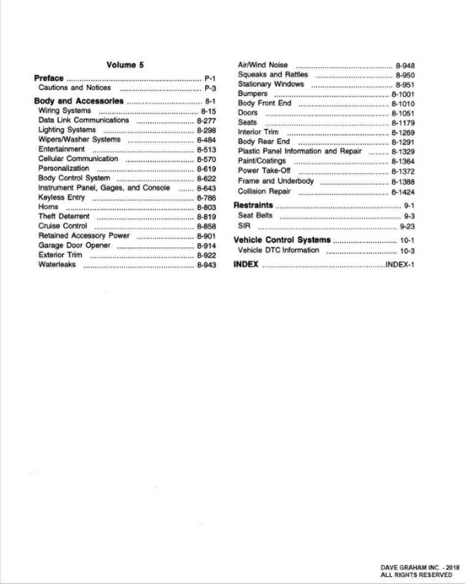 2002 Chevrolet Silverado OEM Service Manual on CD-ROM - Table of Contents Page 2