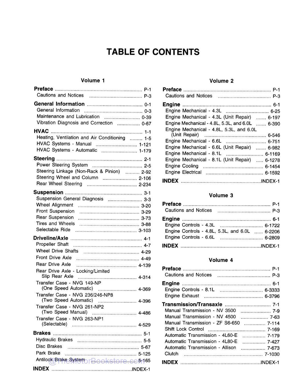 2002 Chevy Silverado, GMC Sierra Truck Service Manual  - Table of Contents 1