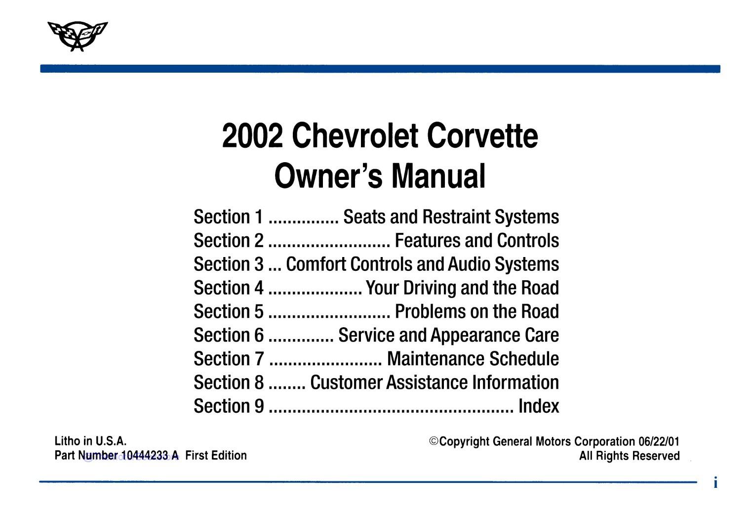 2002 Corvette Owner's Manual - Table of Contents 2002 Corvette Owner's Manual - Table of Contents