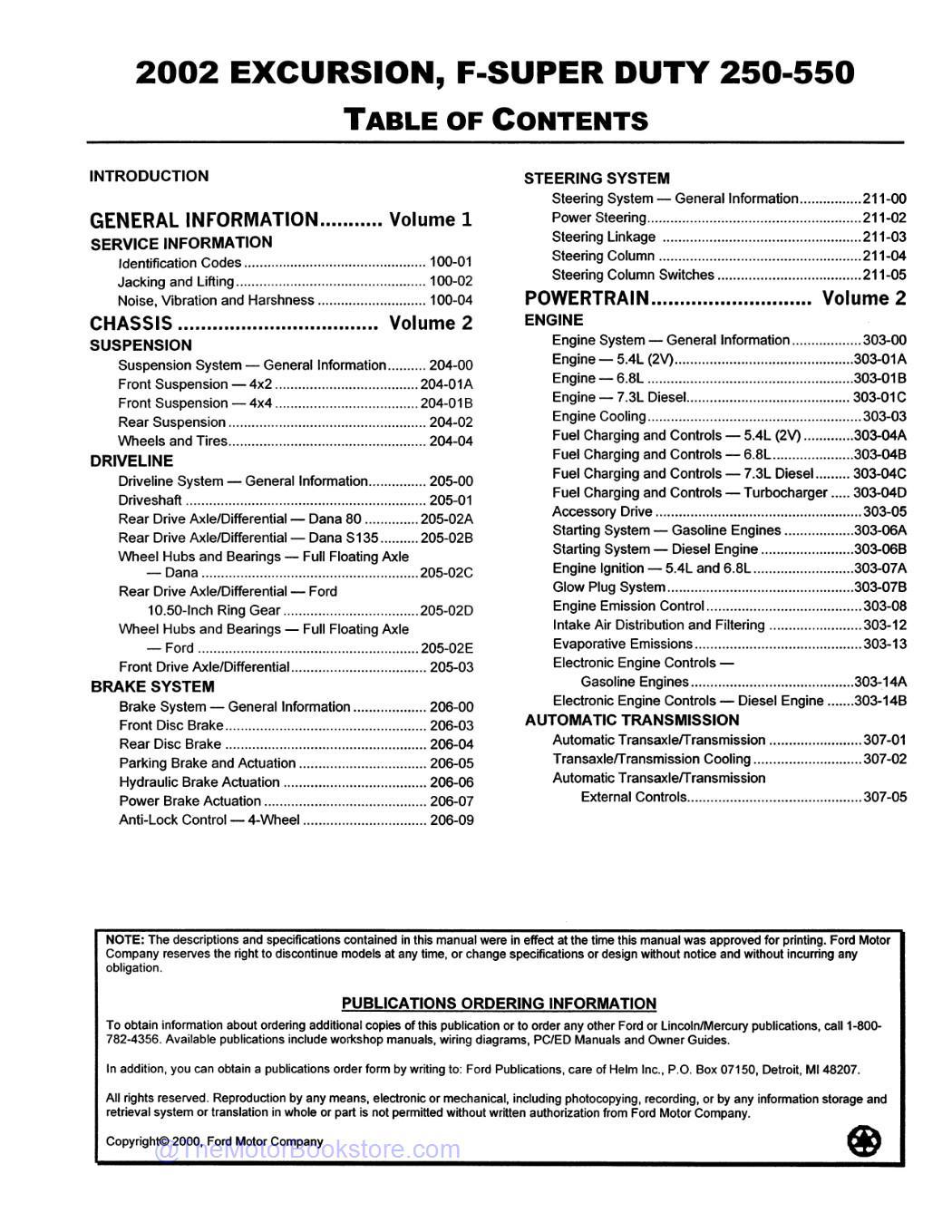 2002 Ford F-Super Duty 250, 350, 450, 550 & Excursion Workshop Manual  - Table of Contents 1