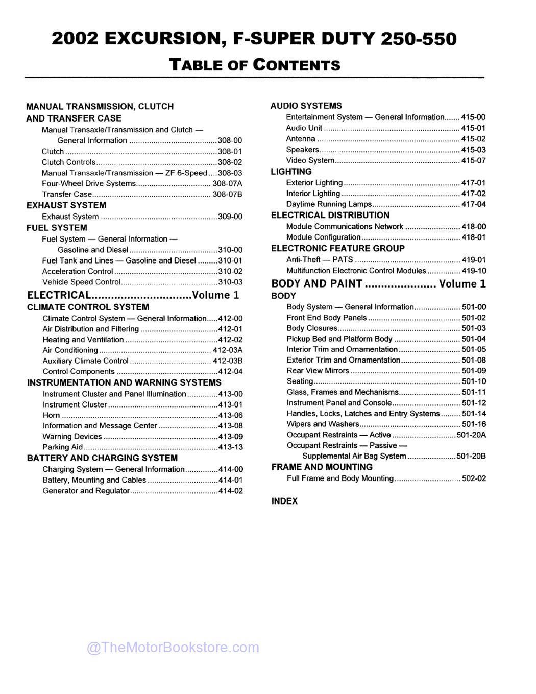 2002 Ford F-Super Duty 250, 350, 450, 550 & Excursion Workshop Manual  - Table of Contents 2