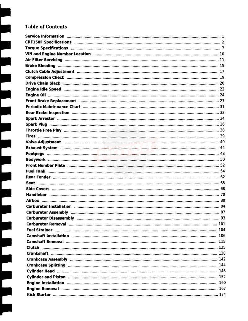 2003 - 2005 Honda CRF150F Service Manual - Table of Contents 1