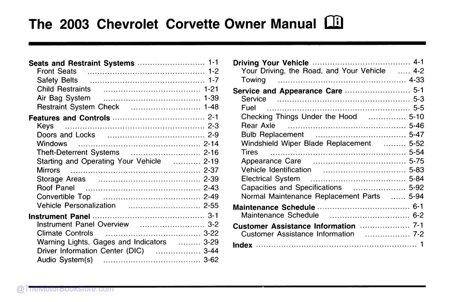 2003 Chevrolet Corvette Owner's Manual - Table of Contents 2003 Chevrolet Corvette Owner's Manual - Table of Contents