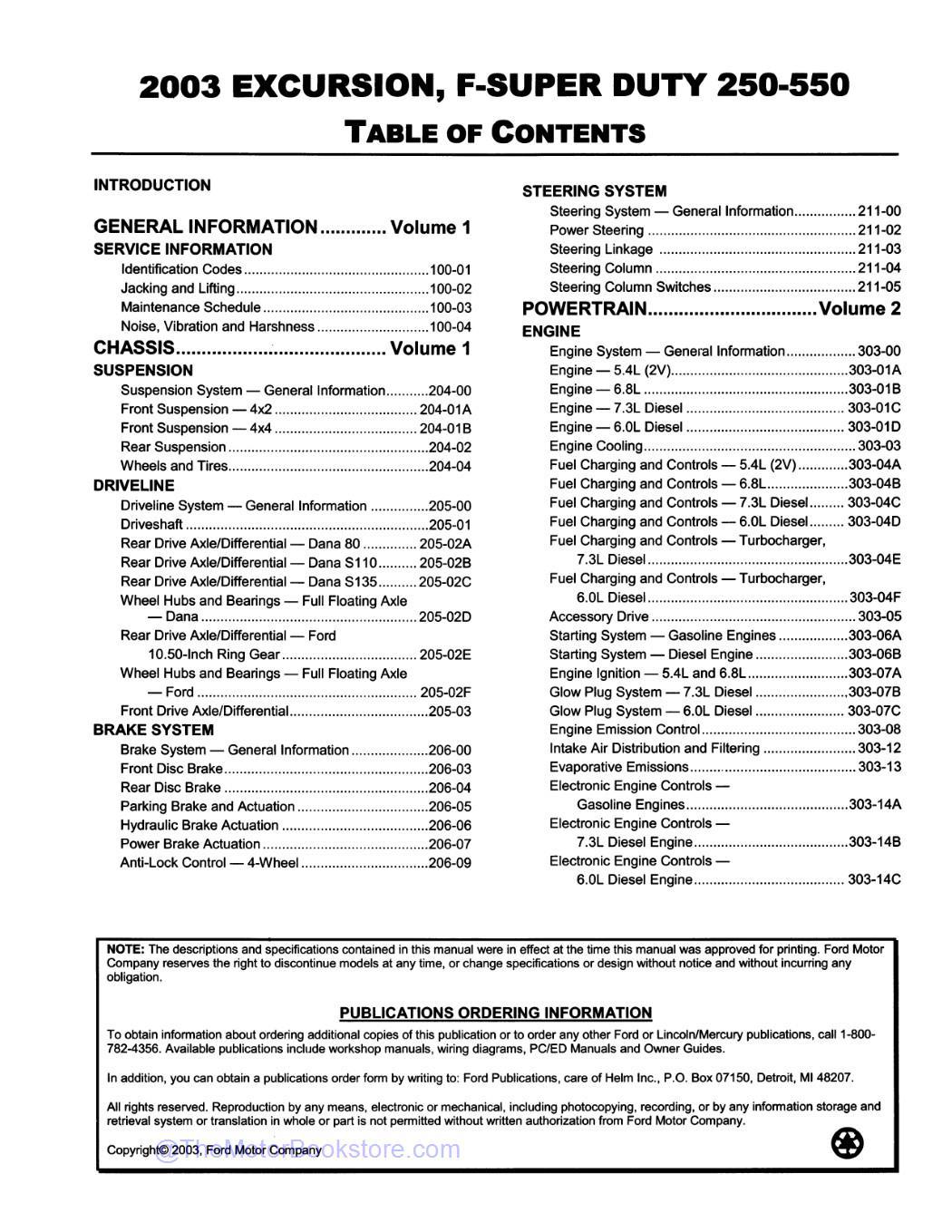 2003 Ford F-Super Duty 250, 350, 450, 550 & Excursion Workshop Manual  - Table of Contents 1