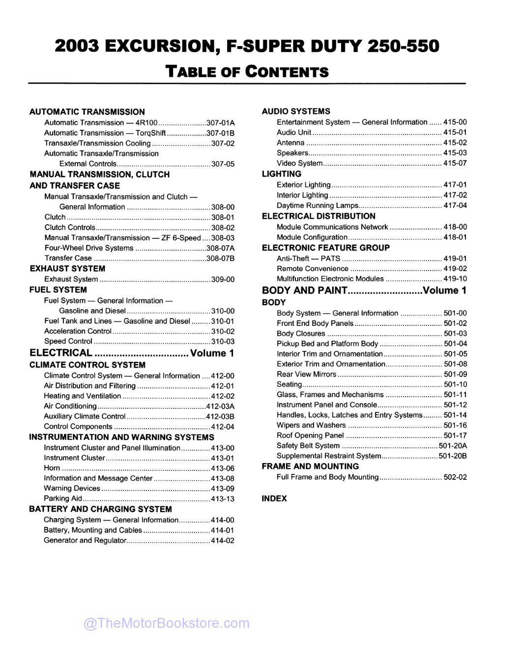 2003 Ford F-Super Duty 250, 350, 450, 550 & Excursion Workshop Manual  - Table of Contents 2