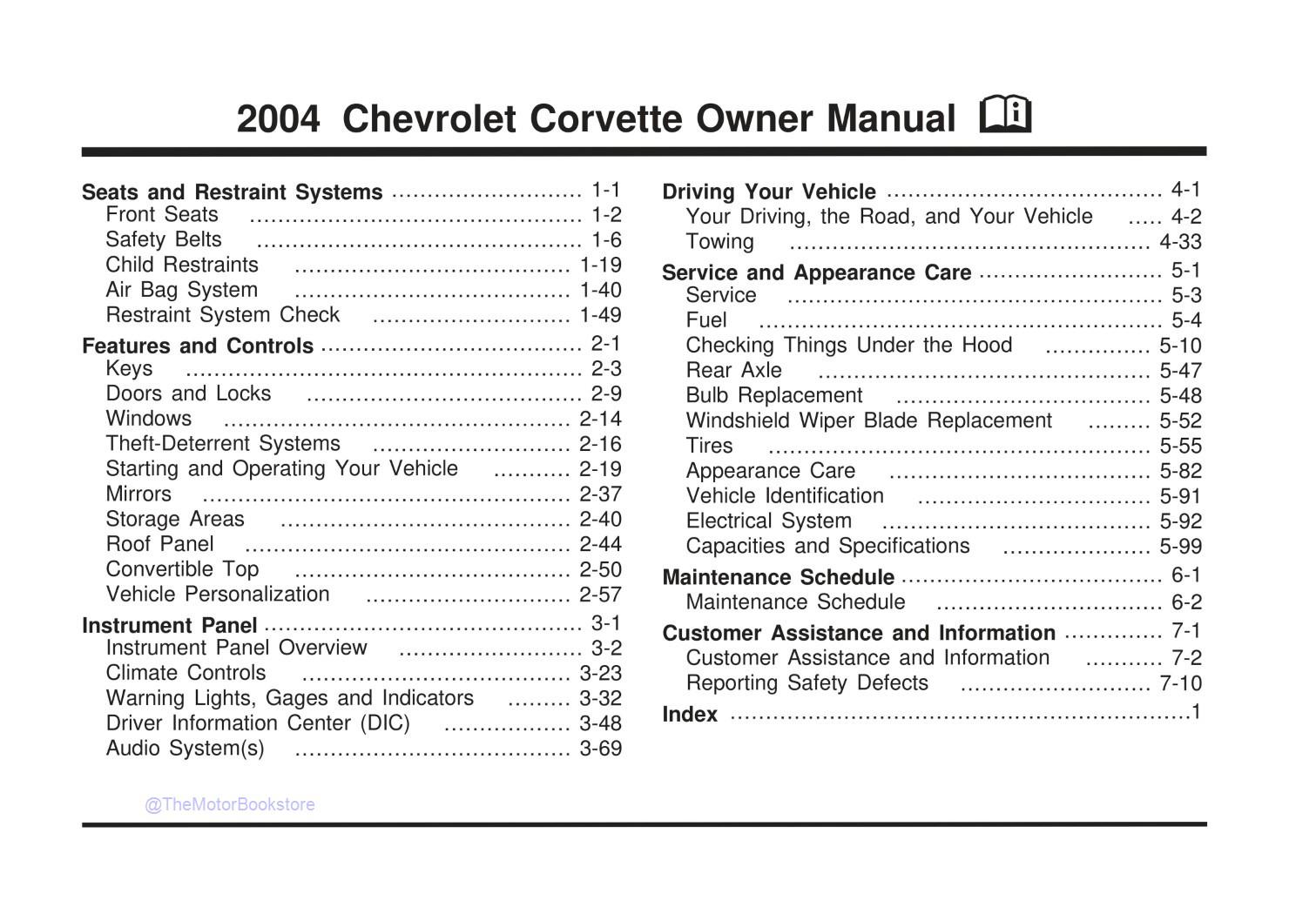 2004 Corvette Owner's Manual - Table of Contents 2004 Corvette Owner's Manual - Table of Contents