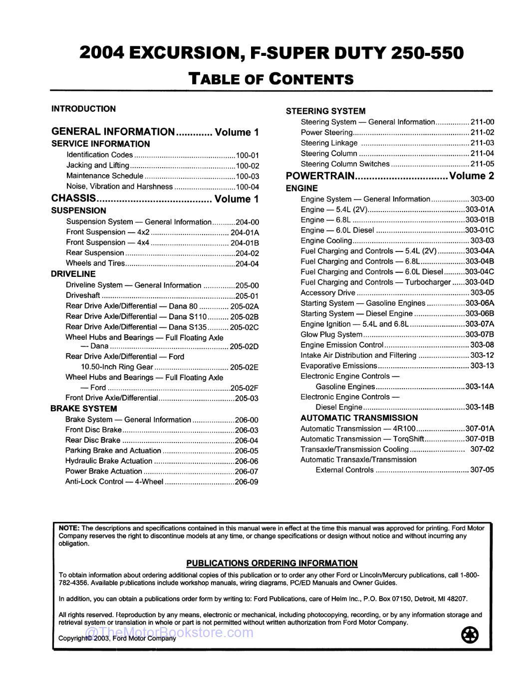2004 Ford Super Duty F-250, F-350, F-450, F-550 Workshop Manual  - Table of Contents 1