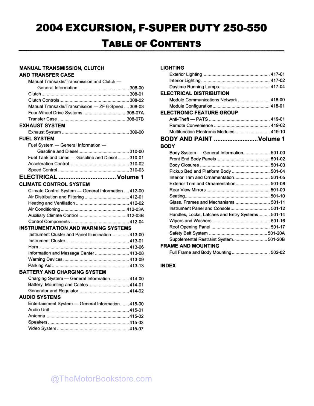 2004 Ford Super Duty F-250, F-350, F-450, F-550 Workshop Manual  - Table of Contents 2