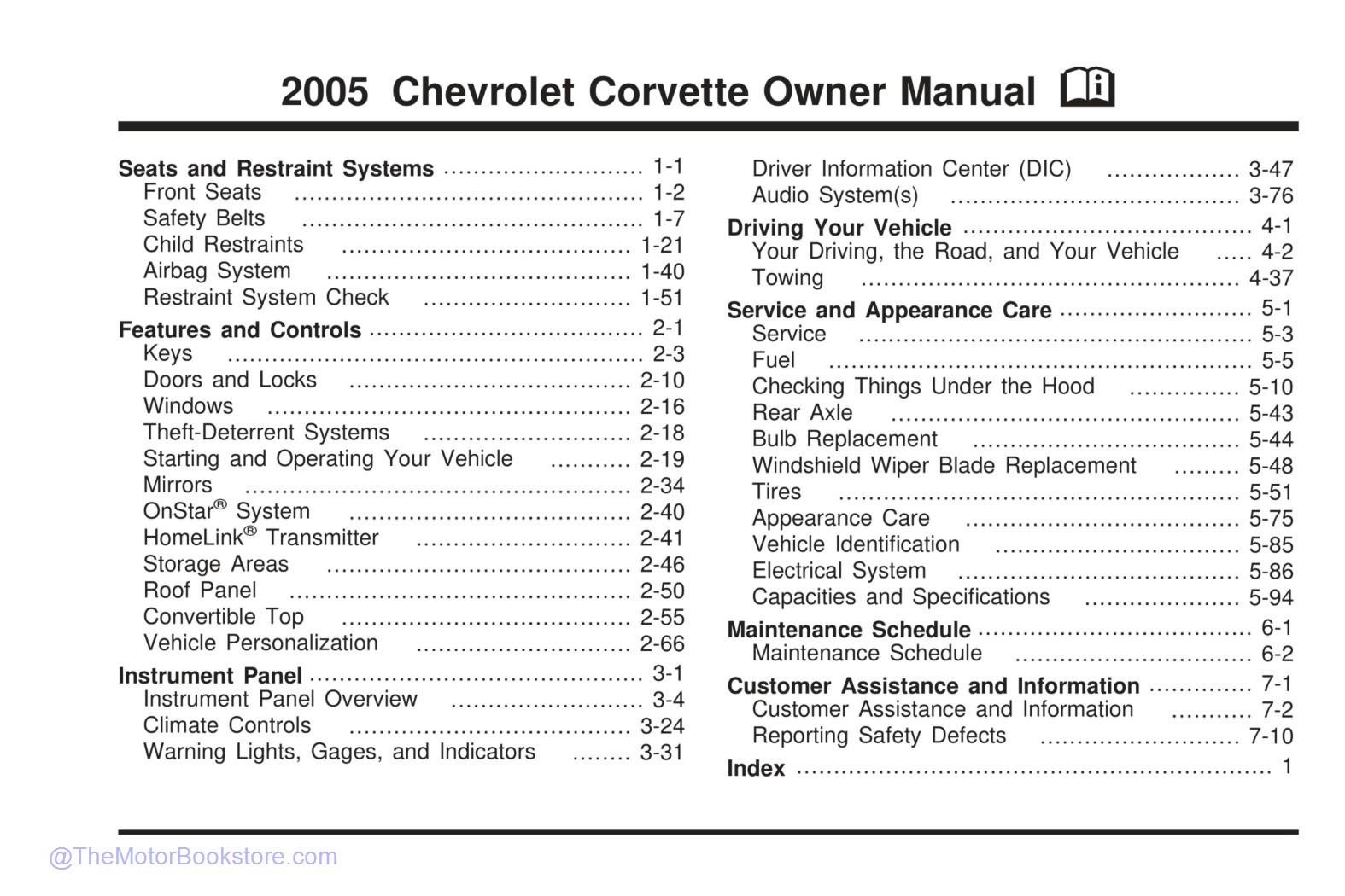 2005 Chevrolet Corvette Owner's Manual - Table of Contents 2005 Chevrolet Corvette Owner's Manual - Table of Contents