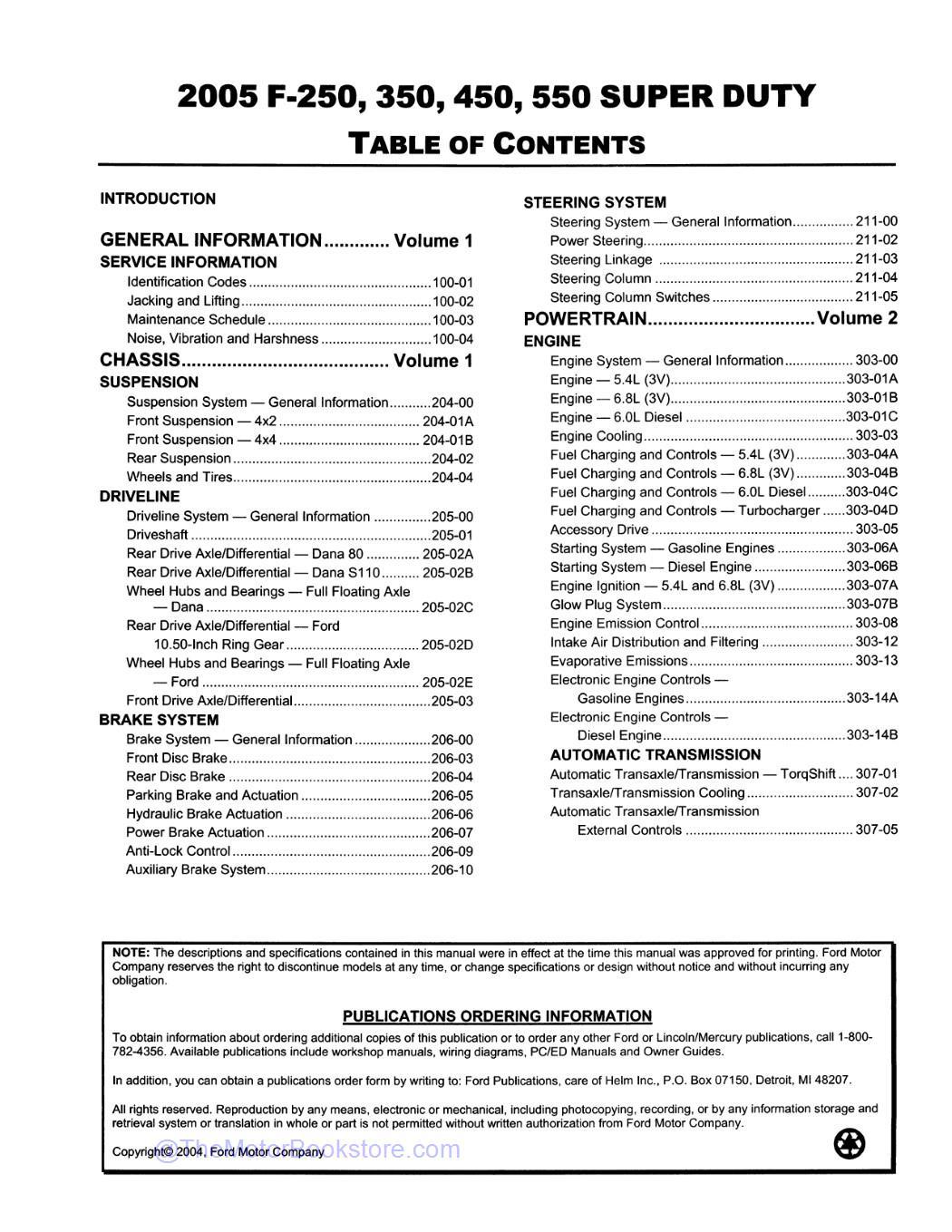 2005 Ford Super Duty F-250, F-350, F-450, F-550 Workshop Manual  - Table of Contents 1