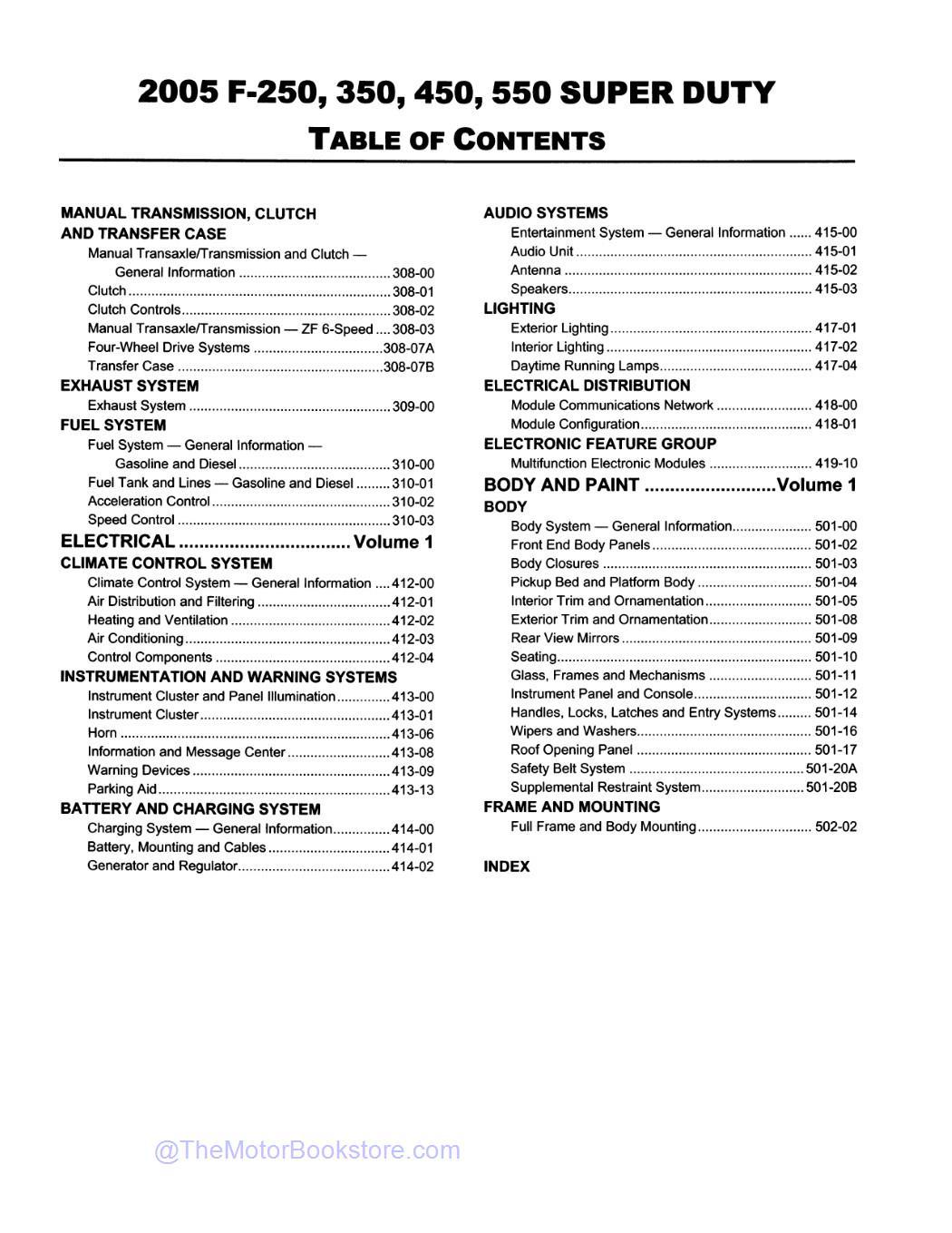 2005 Ford Super Duty F-250, F-350, F-450, F-550 Workshop Manual  - Table of Contents 2