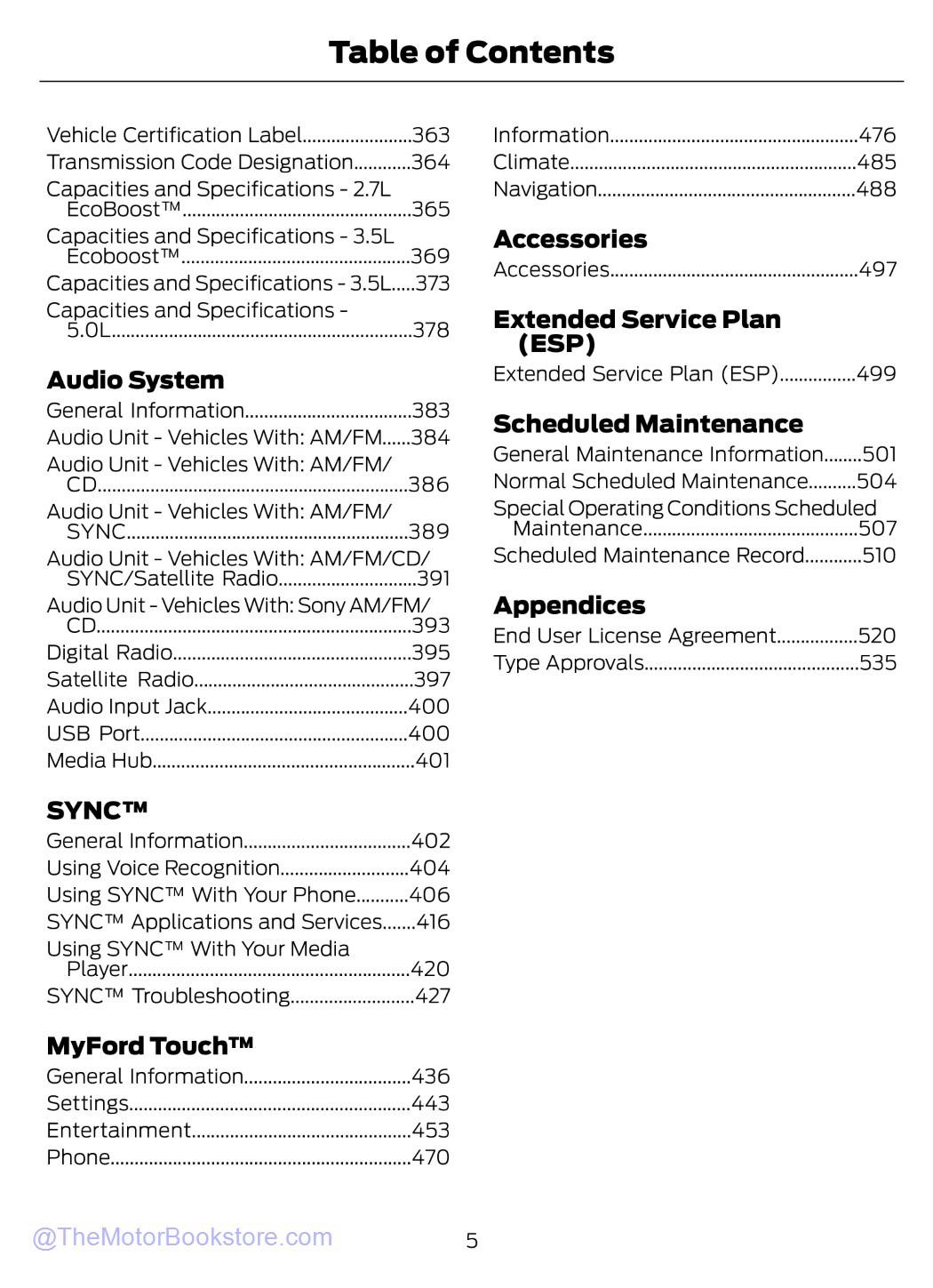 2015 Ford F-150 Truck Owner's Manual - Table of Contents