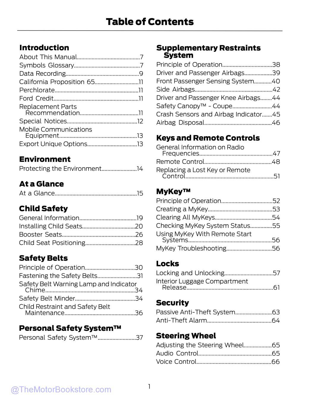 2015 Ford Mustang Owner's Manual - Table of Contents 2015 Ford Mustang Owner's Manual - Table of Contents