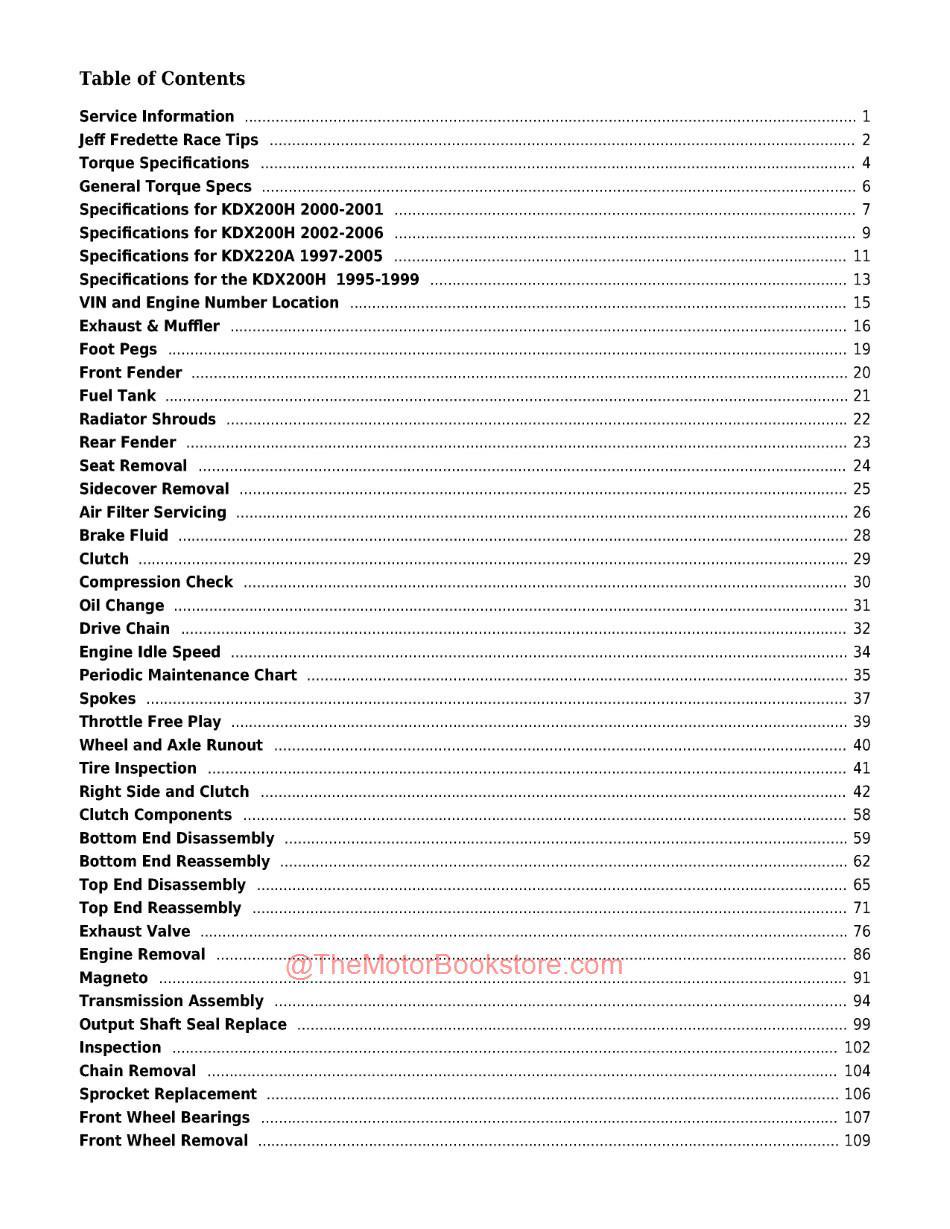 Kawasaki KDX200H / KDX220A Service Manual - Table of Contents Page 1