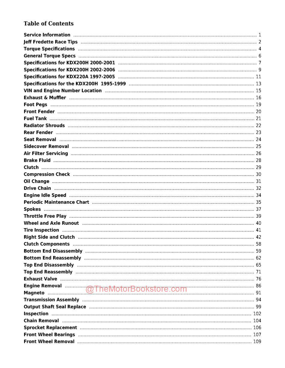 Kawasaki KDX200H / KDX220A Service Manual - Table of Contents Page 1 Kawasaki KDX200H / KDX220A Service Manual - Table of Contents Page 1