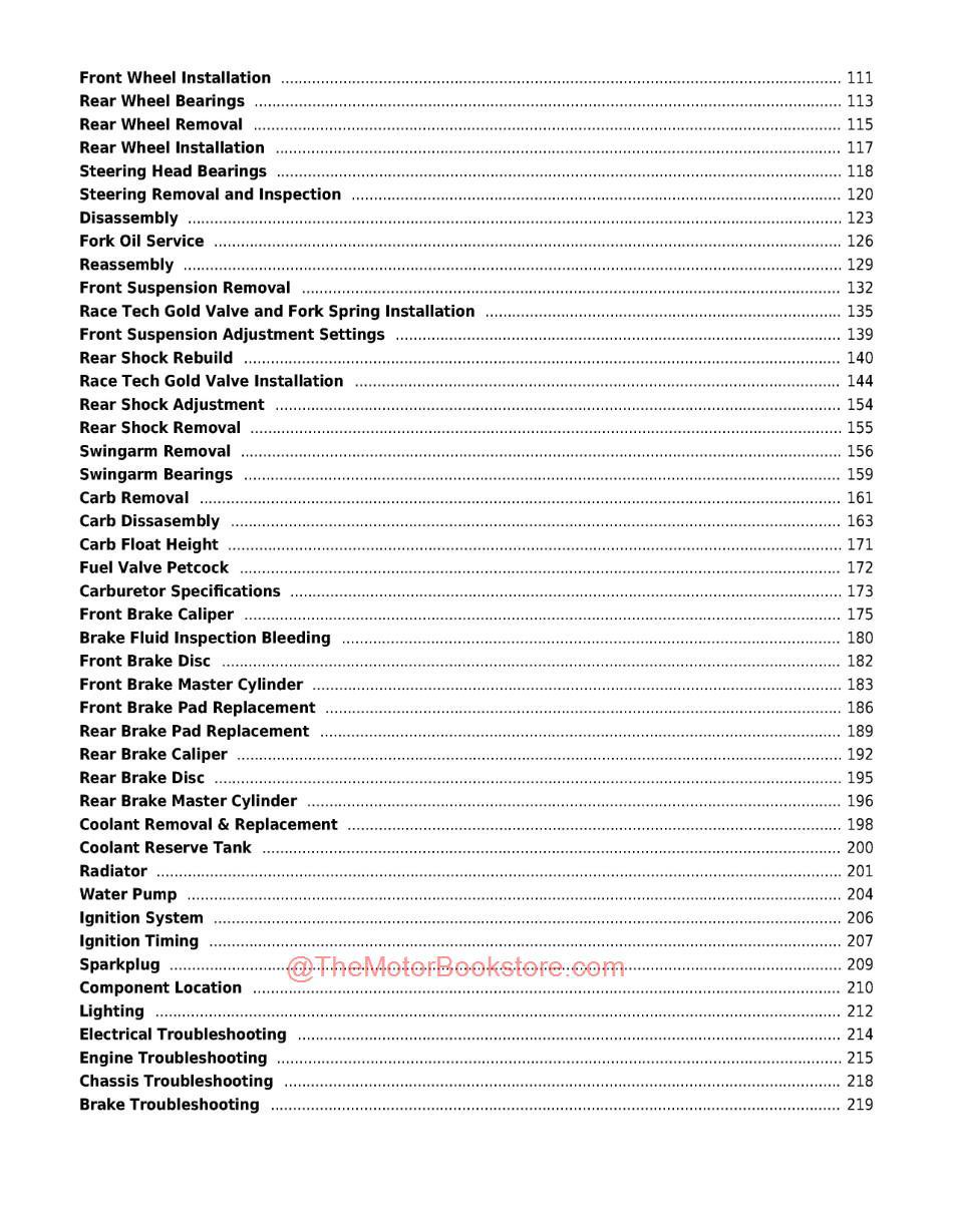 Kawasaki KDX200H / KDX220A Service Manual - Table of Contents Page 2 Kawasaki KDX200H / KDX220A Service Manual - Table of Contents Page 2
