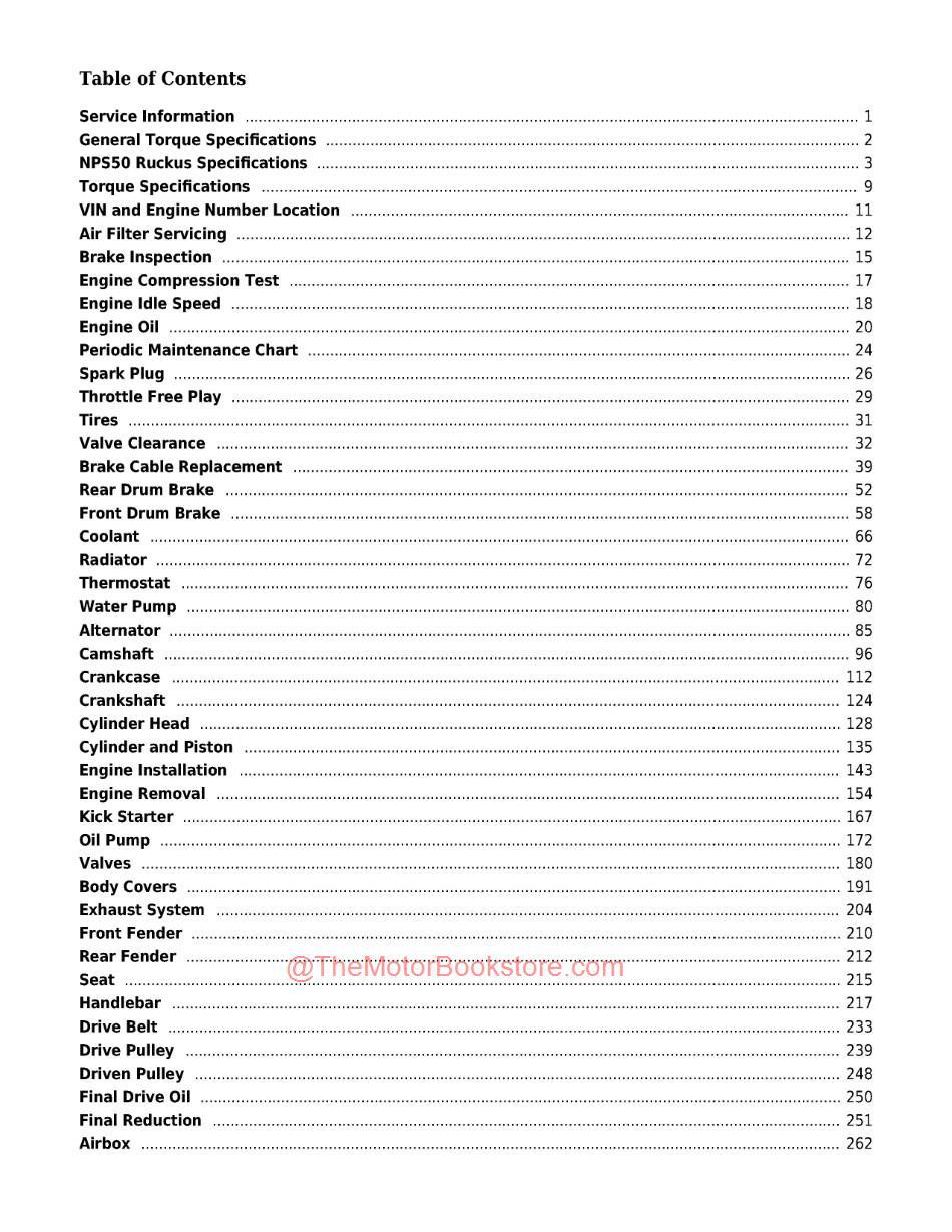 Honda NPS50 Ruckus Scooter Service Manual - Table of Contents Page 1