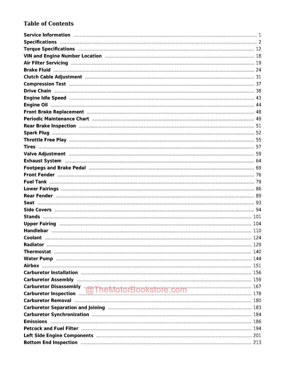 Kawasaki EX500 Ninja 500 Service Manual - Table of Contents Page 1