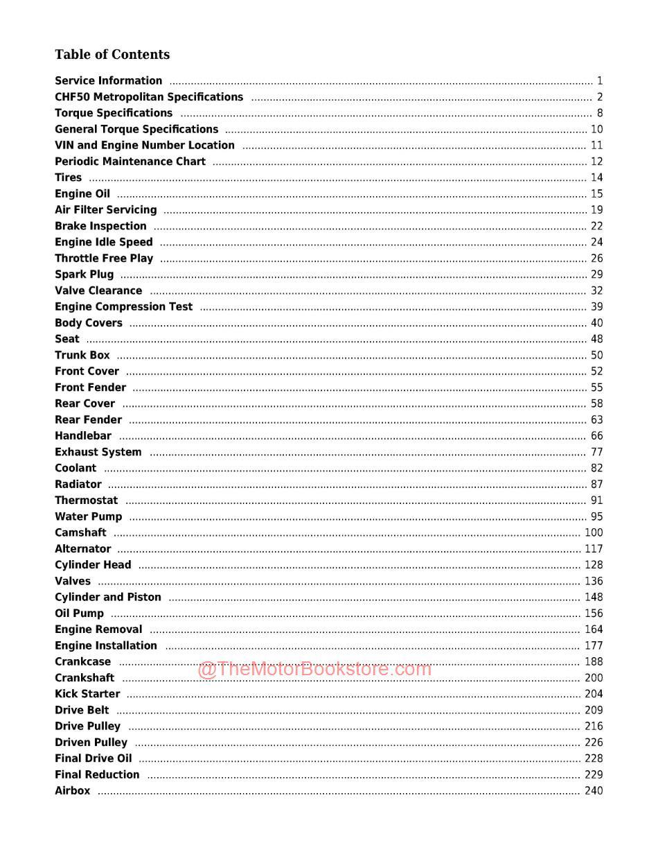 Honda CHF50 Metropolitan Scooter Service Manual - Table of Contents Page 1