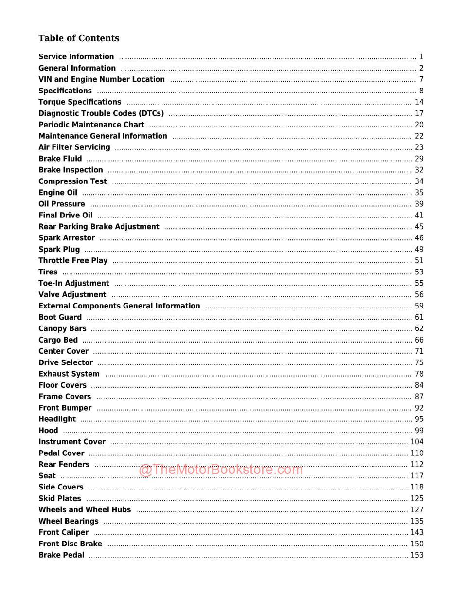 KYMCO UXV500 4X4 Side by Side Service Manual - Table of Contents Page 1