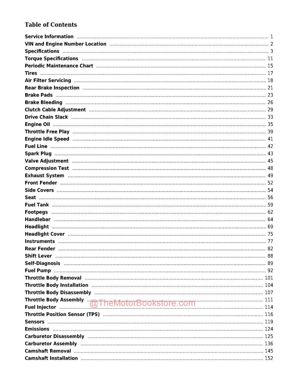 Suzuki TU250X Service Manual - Table of Contents Page 1