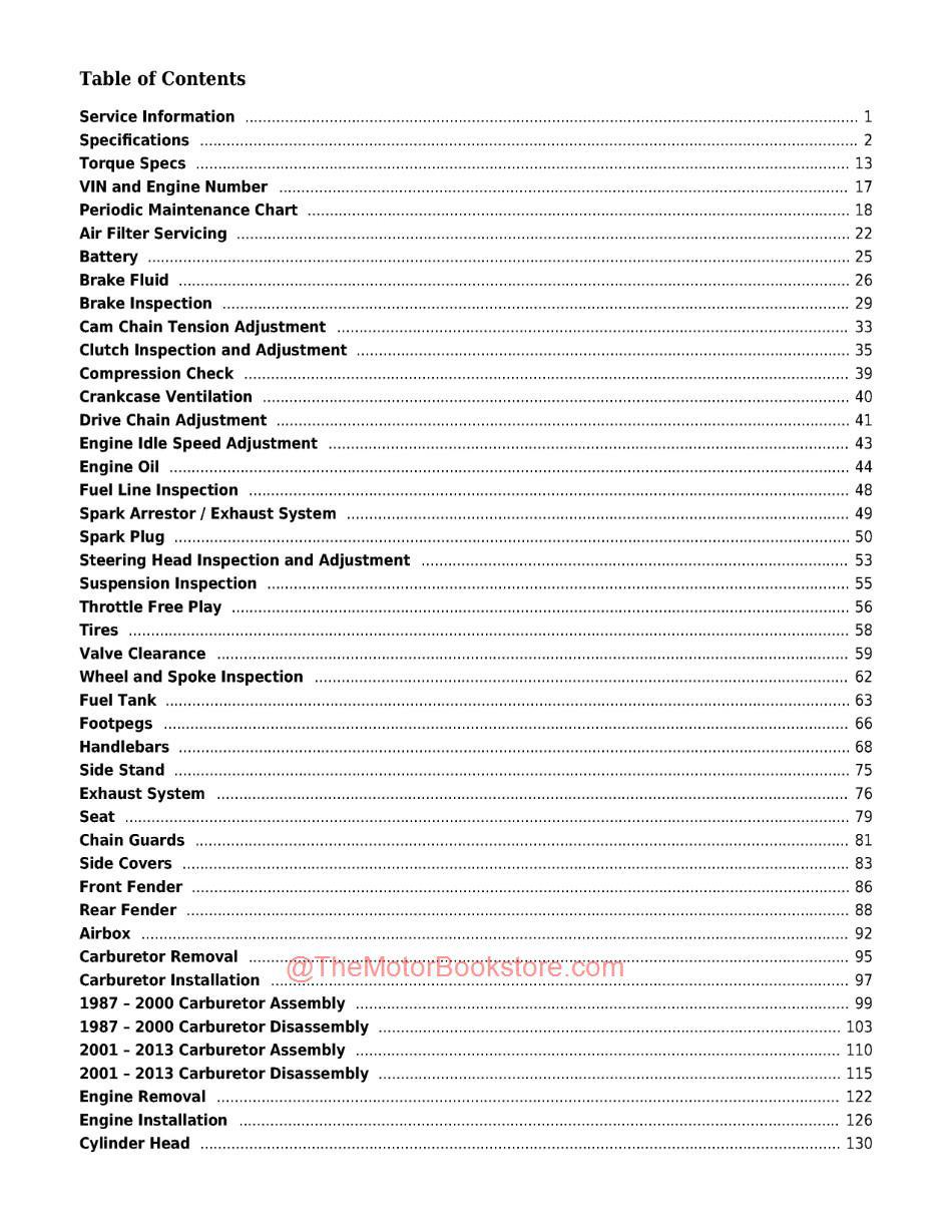 Yamaha TW200 Trailway Service Manual - Table of Contents Page 1