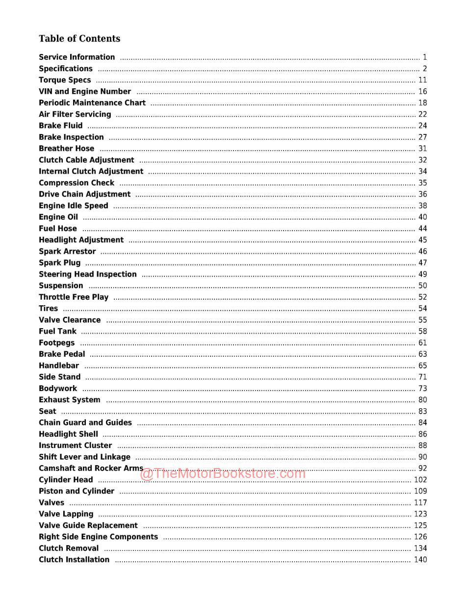 Yamaha XT250 Fuel Injected Service Manual - Table of Contents Page 1