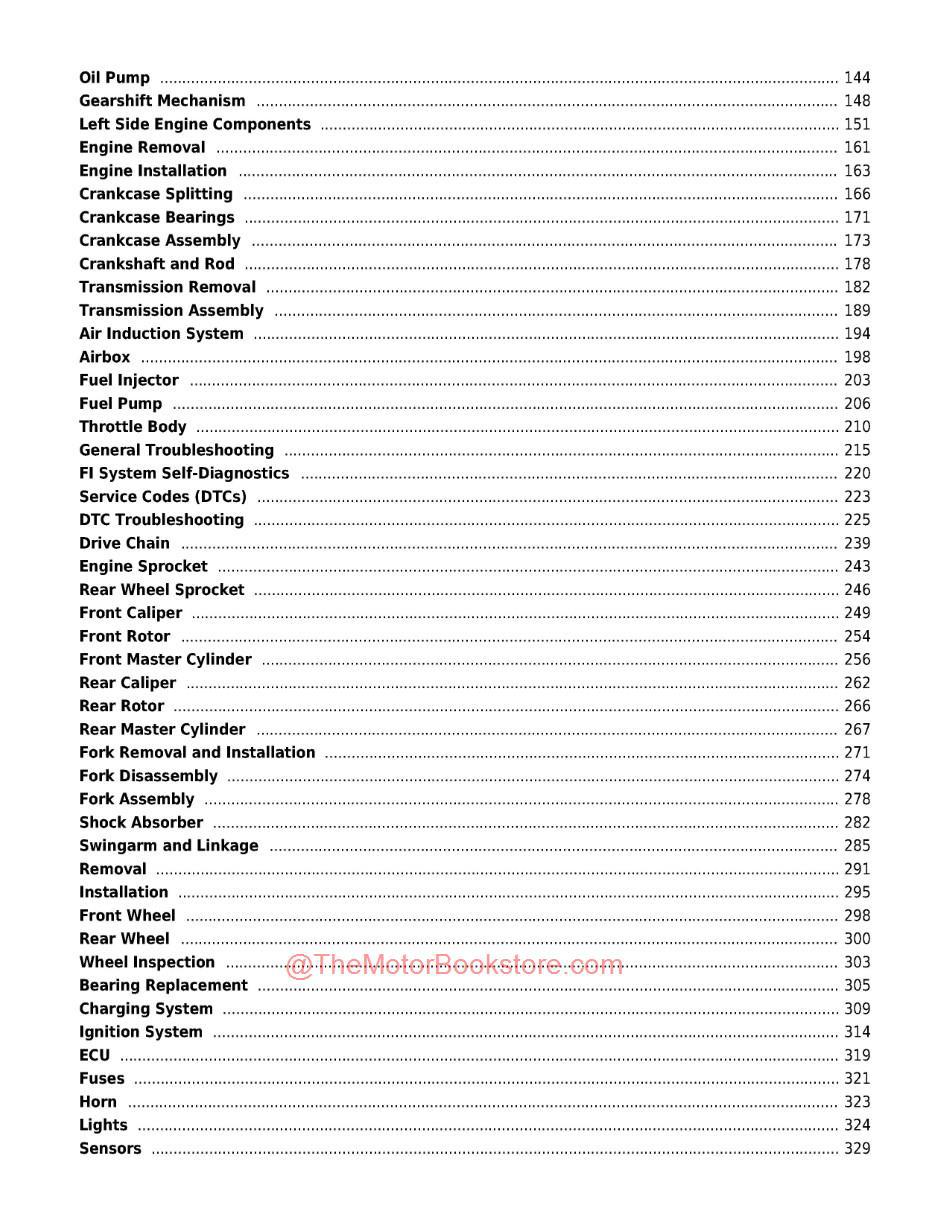 Yamaha XT250 Fuel Injected Service Manual - Table of Contents Page 2