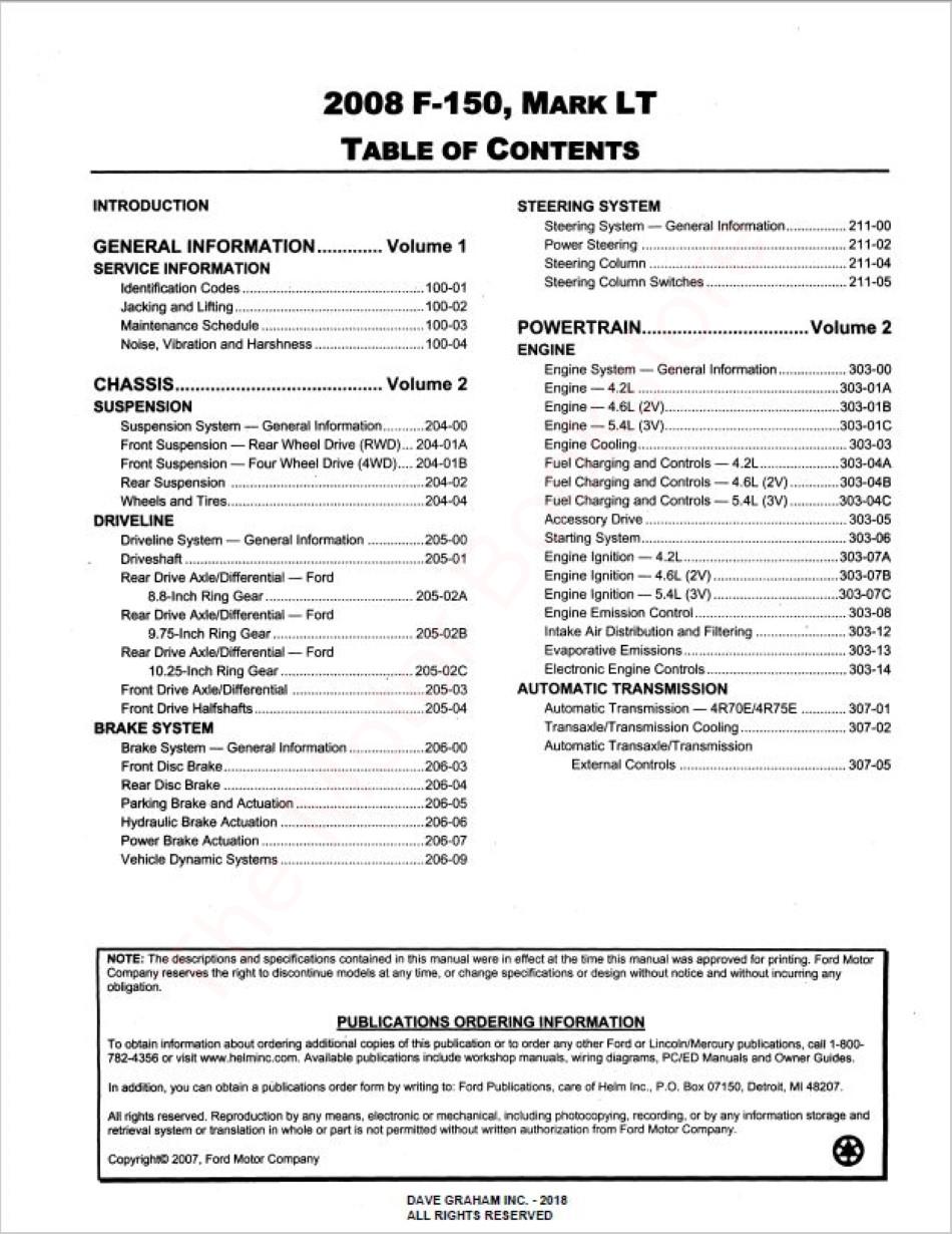 2008 Ford Truck Workshop Manual - Table of Contents Page 1