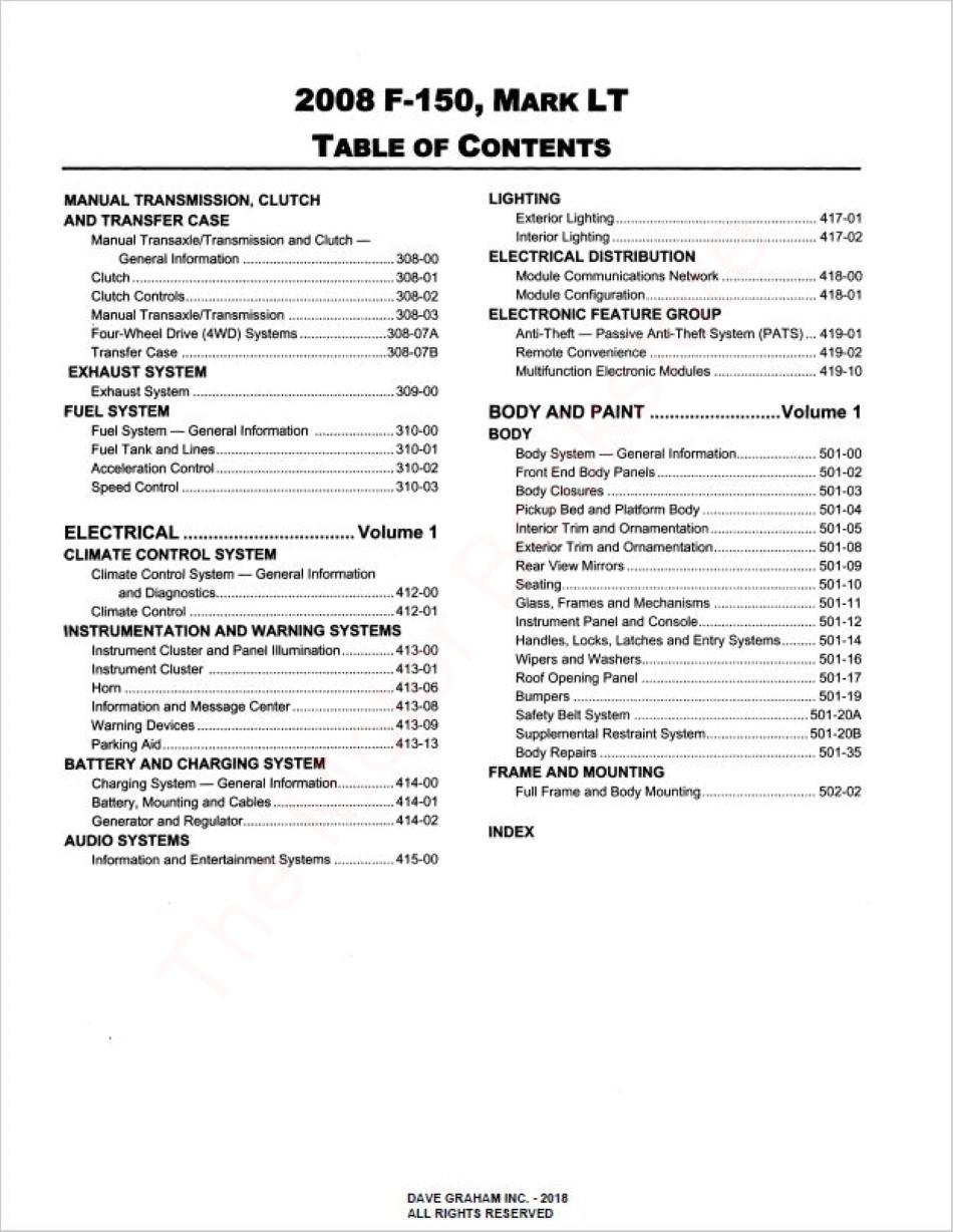 2008 Ford Truck Workshop Manual- Table of Contents Page 2