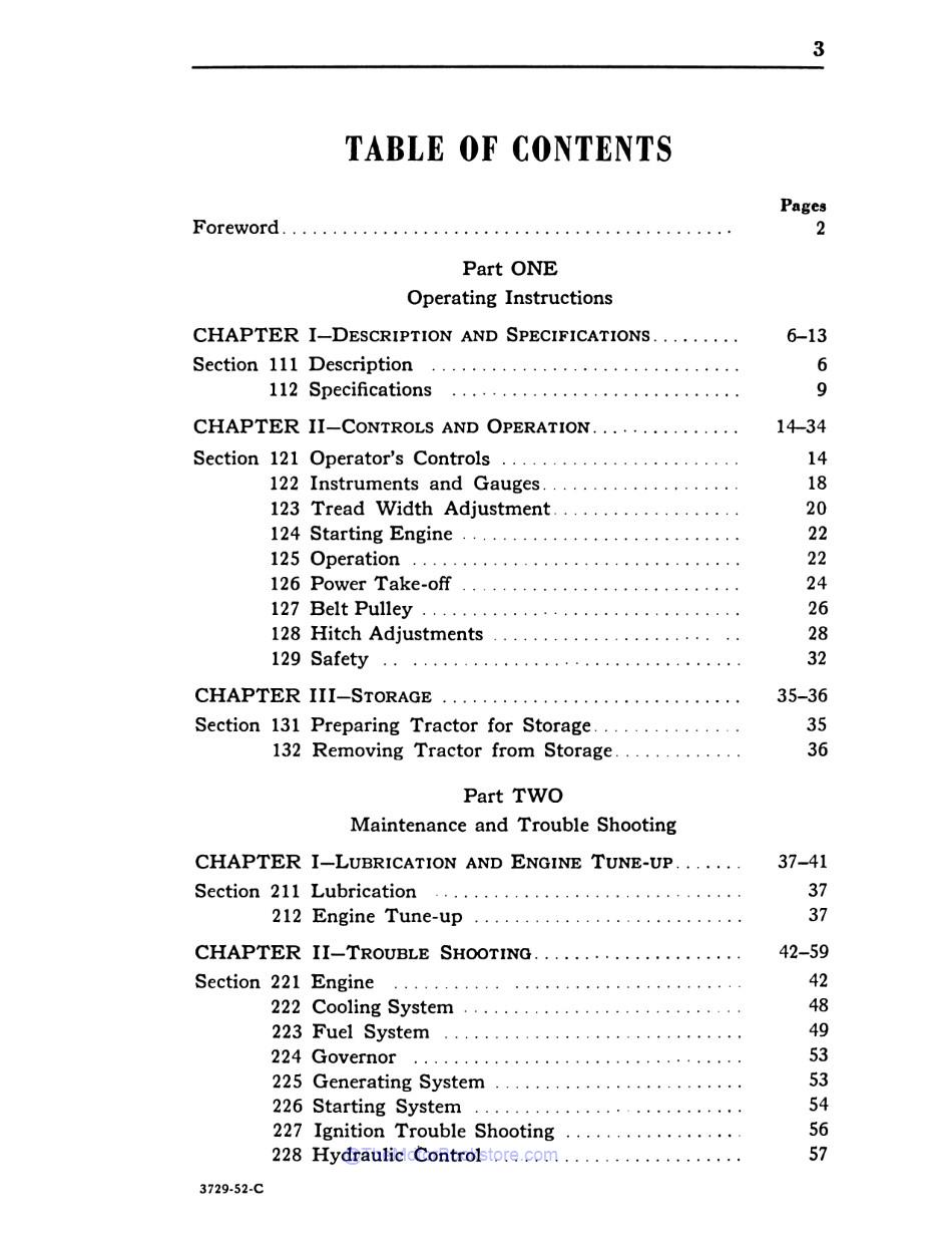 1948-52 Ford Tractor Model 8N Operator's Manual  - Table of Contents 2