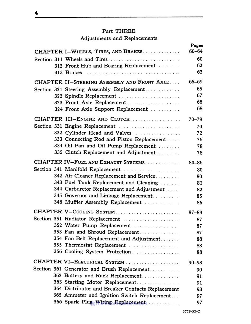 1948-52 Ford Tractor Model 8N Operator's Manual  - Table of Contents 3