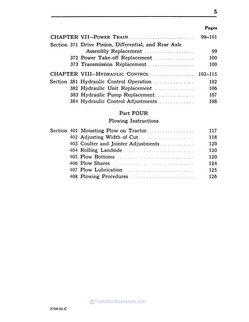 1948-52 Ford Tractor Model 8N Operator's Manual  - Table of Contents 4