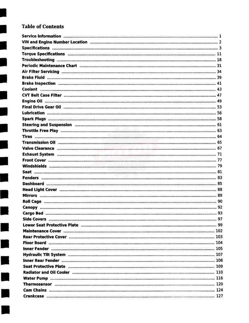 Hisun Sector 1000 UTV Service Manual - Table of Contents 1