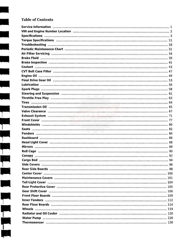 Hisun Strike 1000 Crew UTV Service Manual - Table of Contents 1