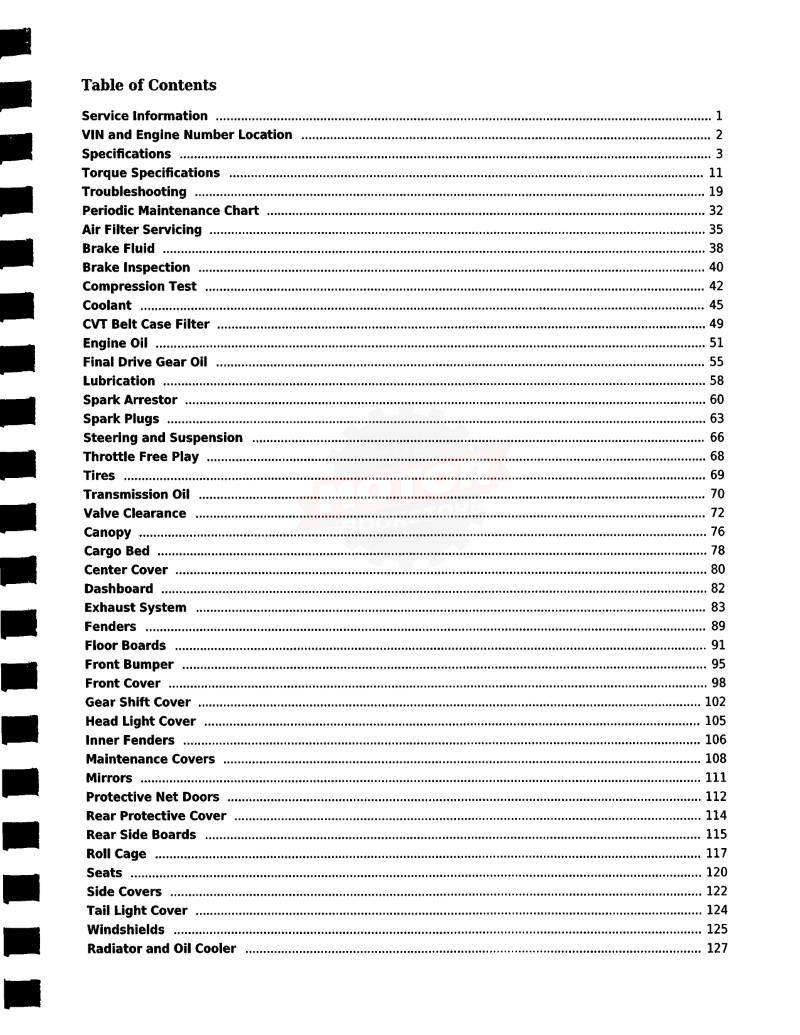 Hisun Strike 1000 UTV Repair Manual - Table of Contents 1