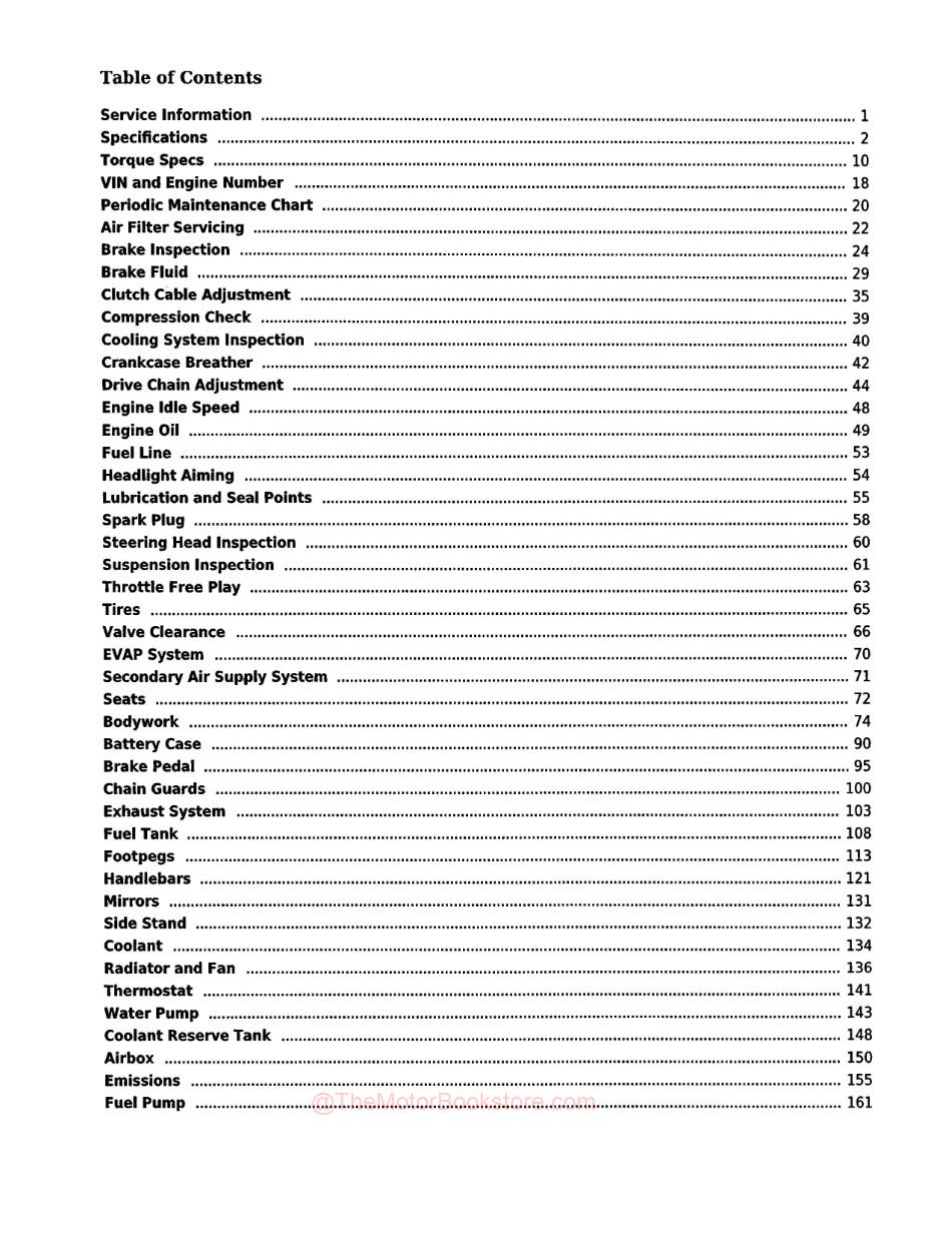 Honda CB300R / RA Service Manual 2019+ - Table of Contents 1