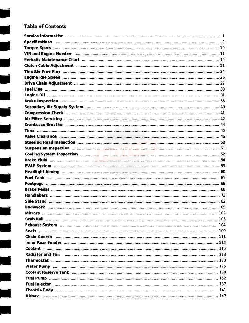 Honda CBR300R / RA Service Manual 2015-2019 - Table of Contents 1